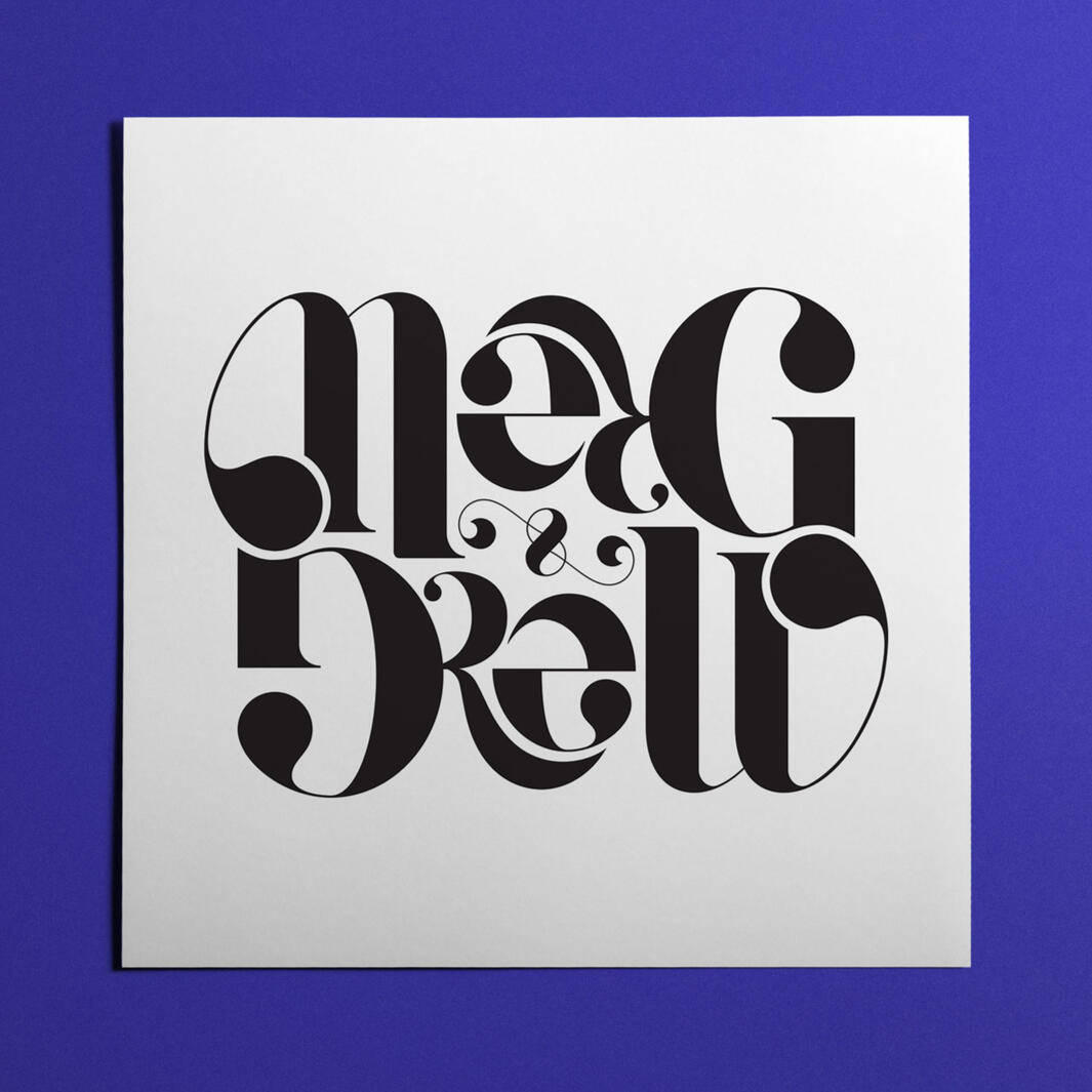 The words "Meg & Drew" illustrated to become an ambigram, reading the same from 180 degree angles.