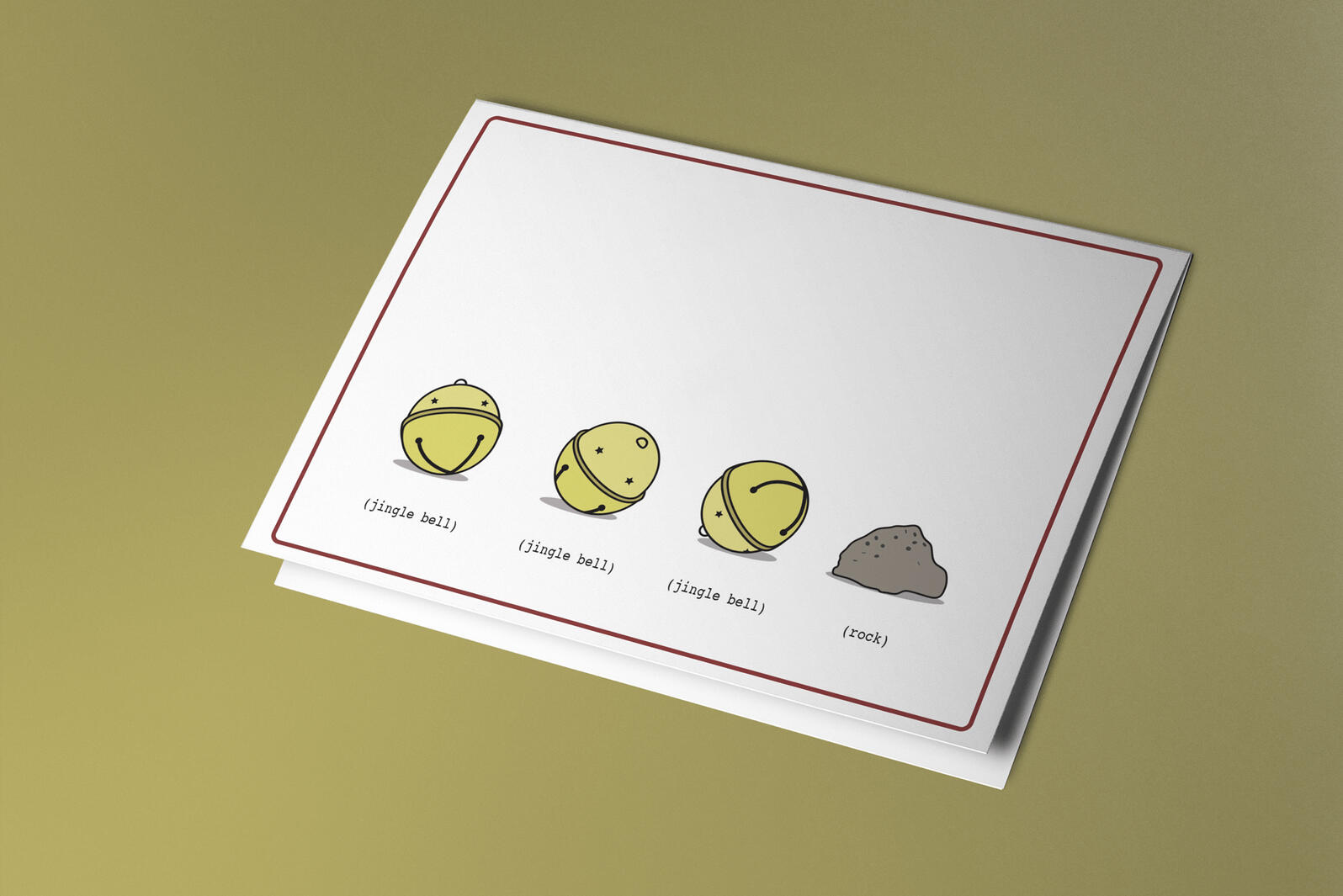 Illustrated holiday card showing 3 jingle bells followed by one rock.