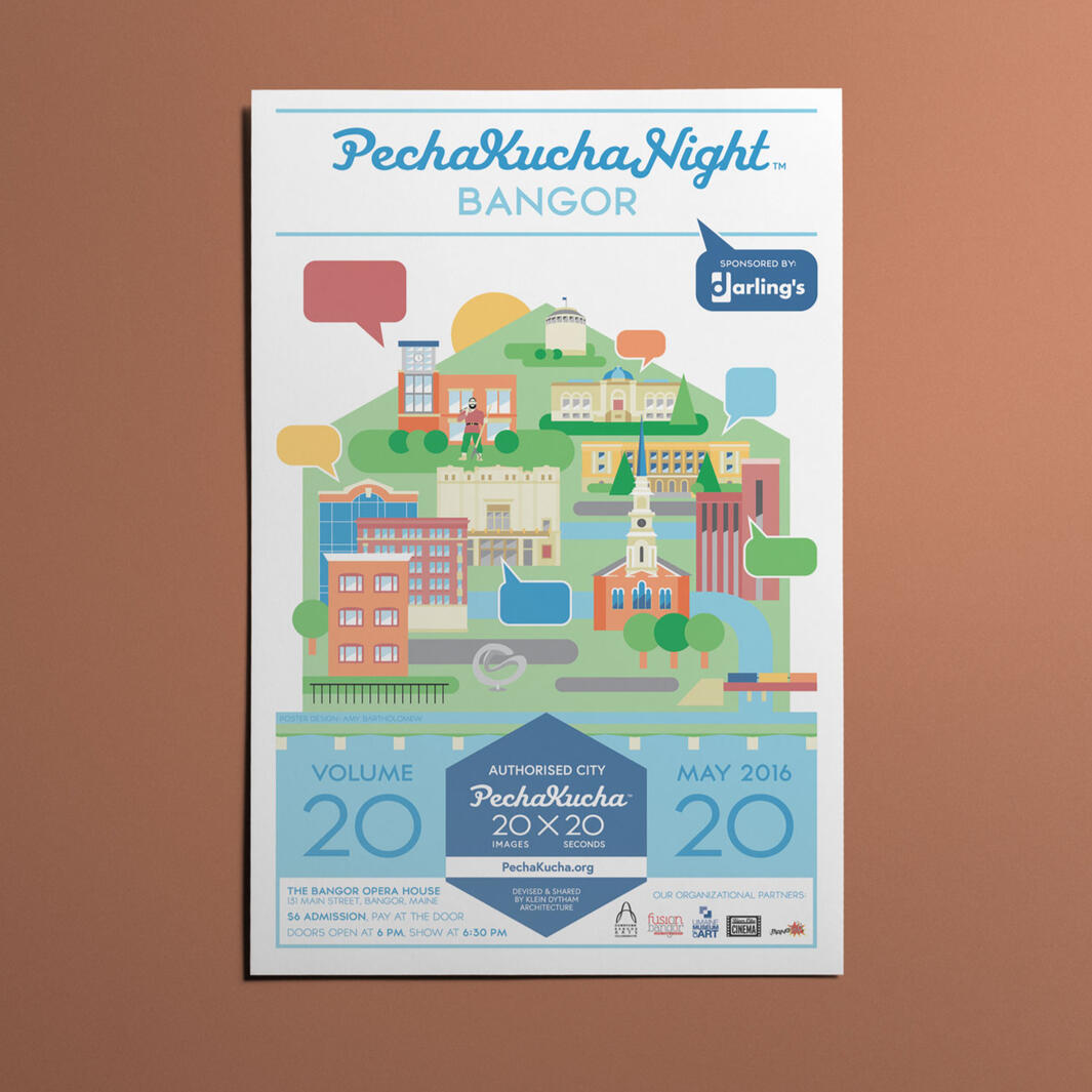 Colorful illustration of the City of Bangor, advertising PechaKucha Night in the city.